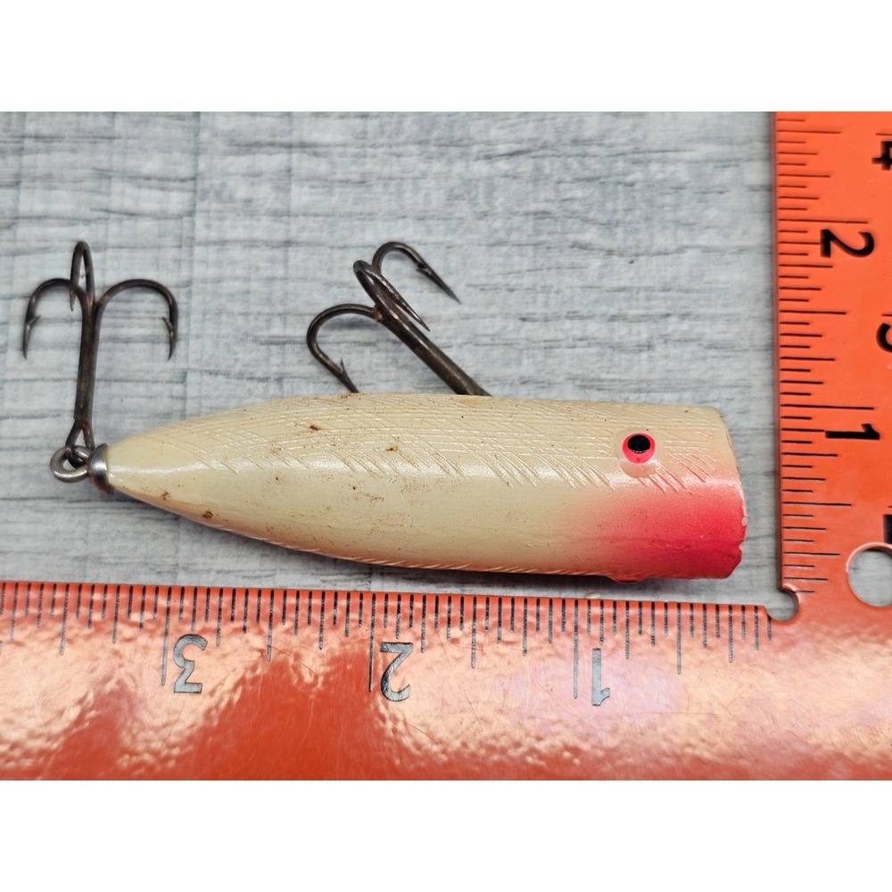 Vintage Heddon Tiny Chugger Spook Lure - Red Head White RH Cross Hatch Scale 2.2
